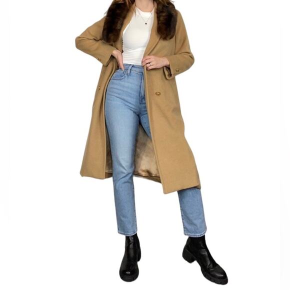 Vintage 70s Size 8 (Medium)Neutral Tan w/ Fur Accent Wool Blend Peacoat Jacket - Picture 4 of 10